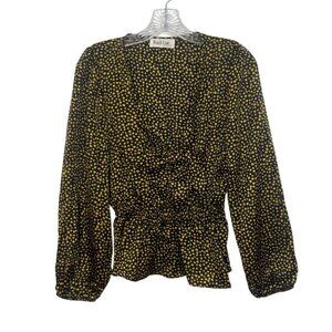 Peach Love Floral Ditsy Print Peplum Blouse Medium Black Yellow New WOT
